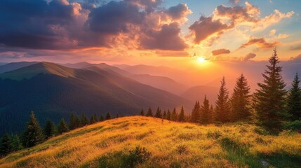 Stunning mountain sunrise landscape with vibrant colors and lush greenery at dawn, showcasing nature's beauty and tranquility