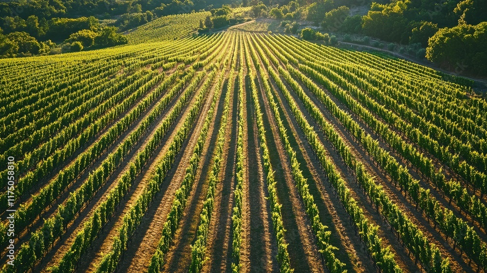 Poster Aerial view of lush green vineyards in the countryside showcasing beautiful rows and ample space for text or branding placement