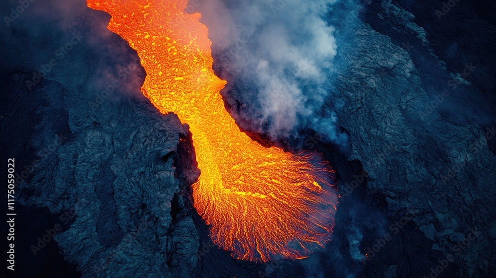 Poster Aerial View of Erupting Volcano Lava Flow with Dramatic Color Contrast and Space for Text or Graphic Overlay
