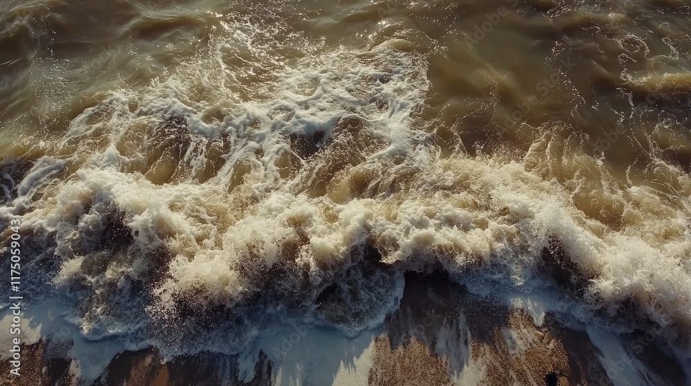 Poster aerial view of foamy ocean waves crashing against a sandy beach captured in sunlight highlighting th