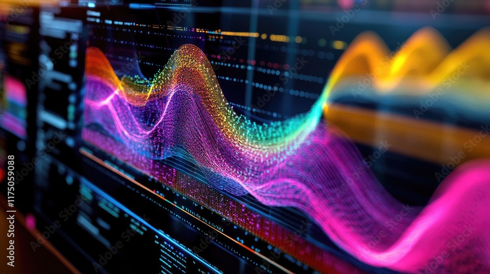 Poster a close-up of electromagnetic radiation waves visualized on a computer screen, with data analysis in