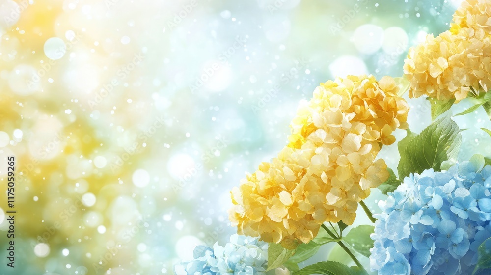 Poster floral background featuring vibrant yellow hydrangeas and blue flowers with soft bokeh effect creati