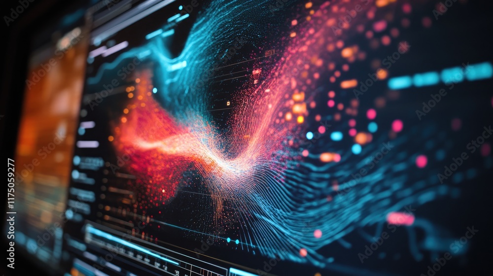 Poster a close-up of electromagnetic radiation waves visualized on a computer screen, with data analysis in