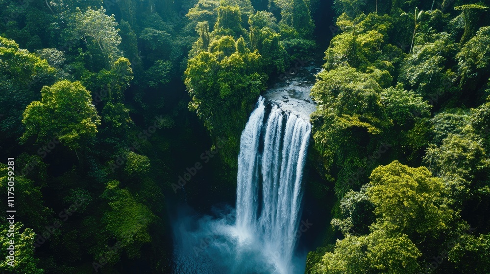 Poster aerial view of magnificent waterfall cascading through vibrant tropical rainforest with lush greener