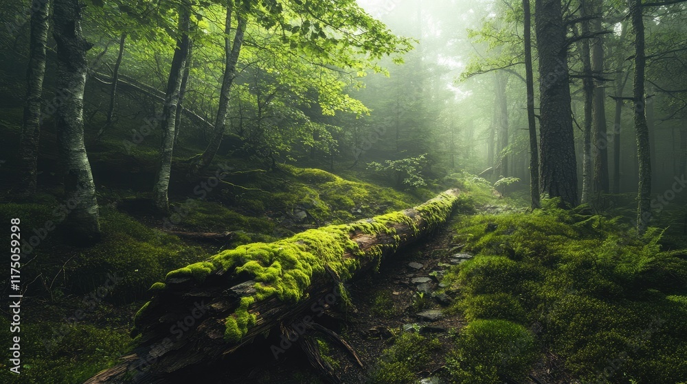 Poster lush green forest with moss-covered fallen tree in tranquil nature on a foggy day creating a serene 