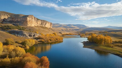 Obraz premium Stunning Autumn Scenery of Reservoir with Colorful Trees and Serene Waters Under Clear Blue Sky