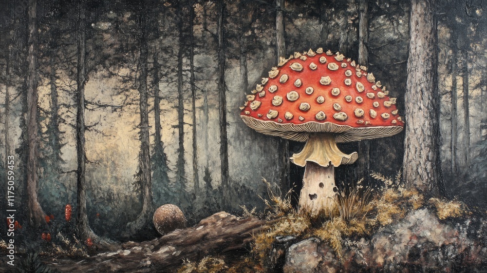 Poster amanita muscaria mushroom stands prominently in a serene forest setting surrounded by trees and natu