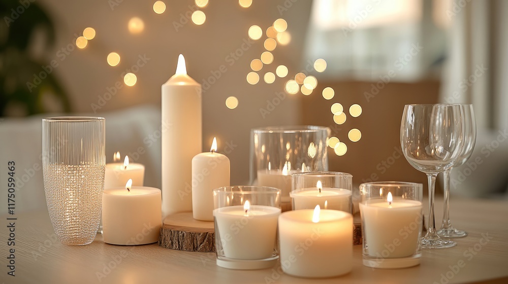 Poster candlelit ambiance with glasses and illuminated candles on a rustic wooden table creating a warm and