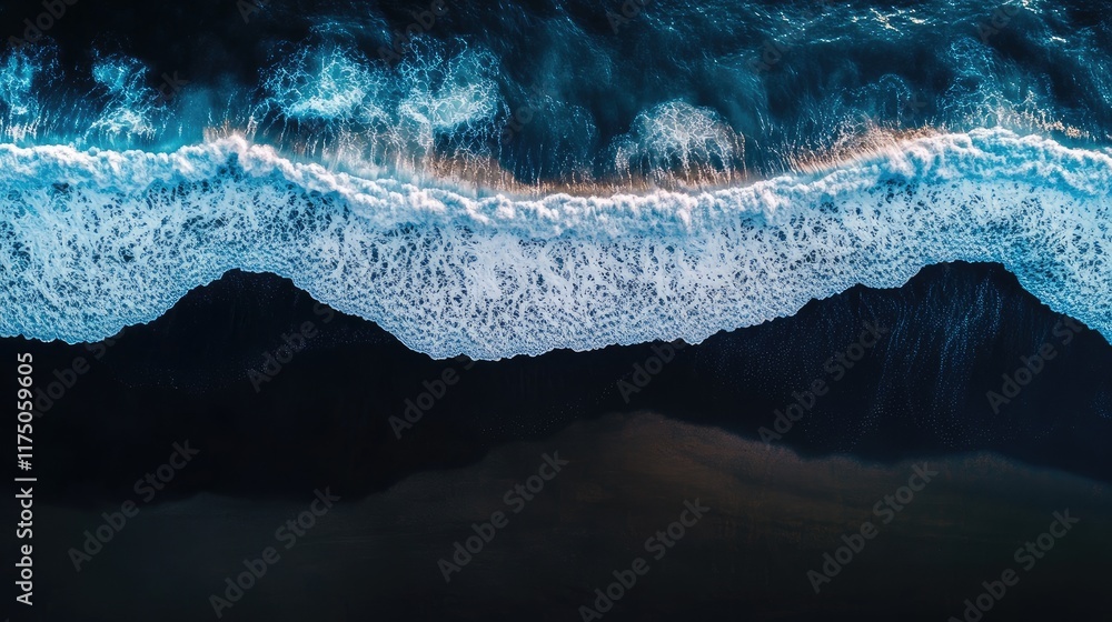 Fototapete aerial view of dynamic ocean waves crashing on dark sandy beach with ample negative space for text o