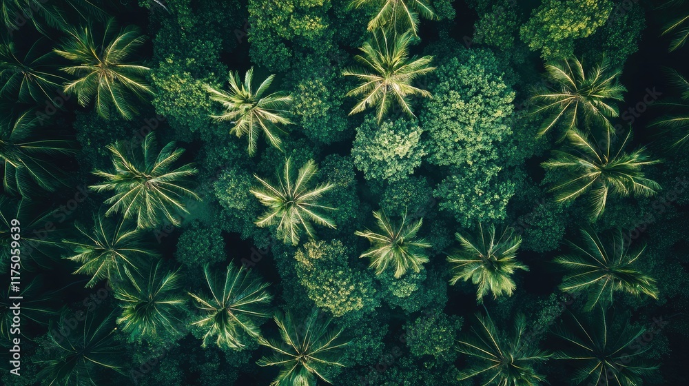 Aufkleber Aerial view of lush tropical forest featuring tall palm trees and ample negative space for text or graphic elements