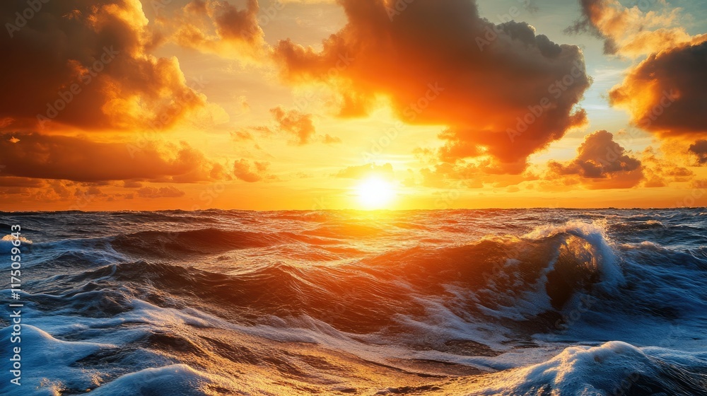 Poster vibrant sunset over the ocean with dramatic clouds and rolling waves creating a serene and picturesq