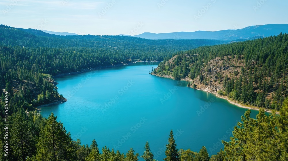 Poster aerial view of serene blue lake encircled by lush forest with ample space for text placement or bran
