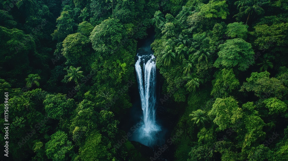 Aufkleber Aerial perspective of a stunning waterfall cascading through vibrant rainforest greenery with ample space for informational text overlay