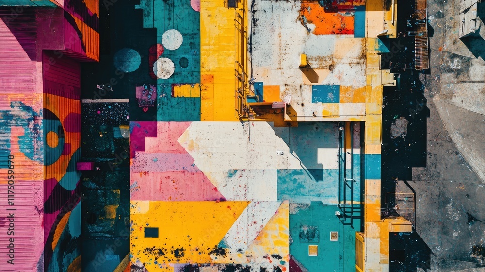 Poster aerial view of colorful street art murals showcasing vibrant patterns and textures with ample space 