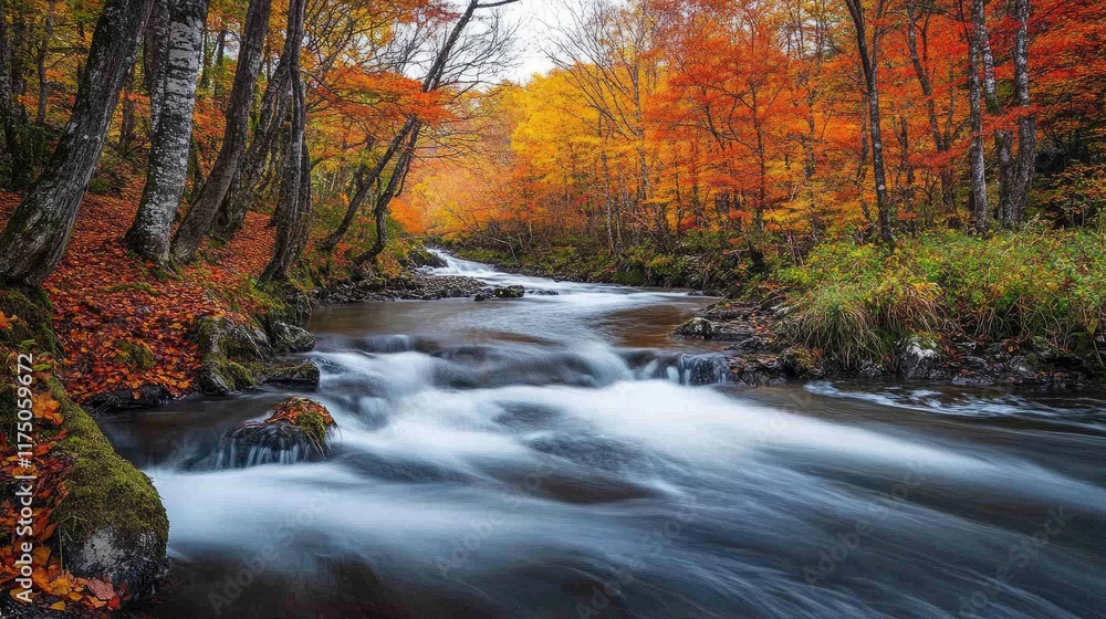 Aufkleber serene autumn river scene with vibrant foliage and gentle flowing water in a tranquil forest setting