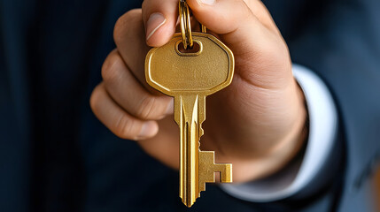 Close up view of a golden key prominently displayed in a professional hand with a blurred executive figure visible in the background suggesting the importance of access security
