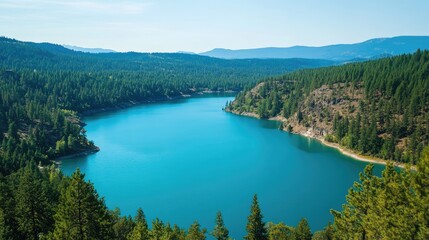 Naklejka premium Aerial view of serene blue lake encircled by lush forest with ample space for text placement or branding ideas