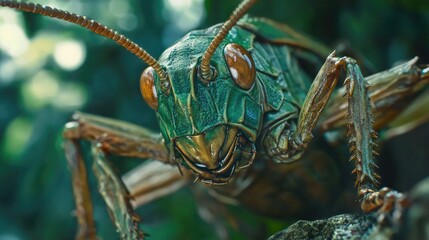Macro photography of a vibrant green grasshopper perched on a surface showcasing intricate details of its anatomy and surrounding nature.