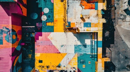 Fototapeta premium Aerial view of colorful street art murals showcasing vibrant patterns and textures with ample space for text or other graphic elements