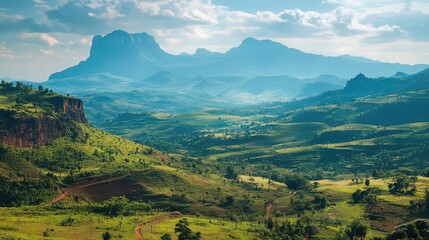 Obraz premium Serene Mountain Landscape with Lush Green Valleys and Dramatic Cloud Formation