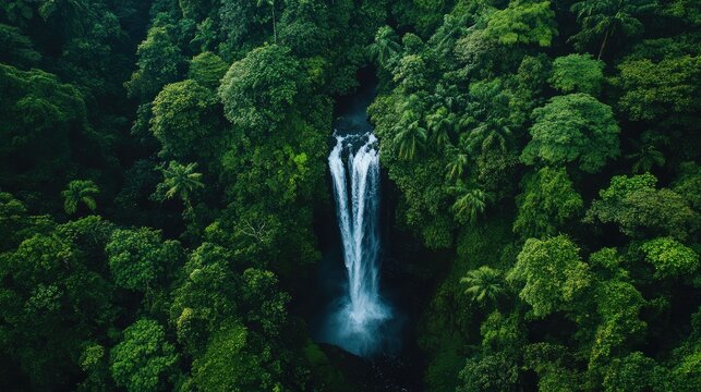 Aerial perspective of a stunning waterfall cascading through vibrant rainforest greenery with ample space for informational text overlay