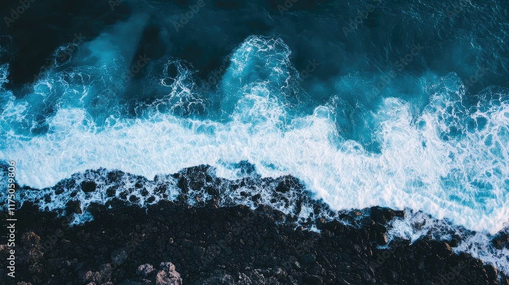 Poster Aerial view of ocean waves crashing on rocky coastline with space for text and design elements in a tranquil natural setting