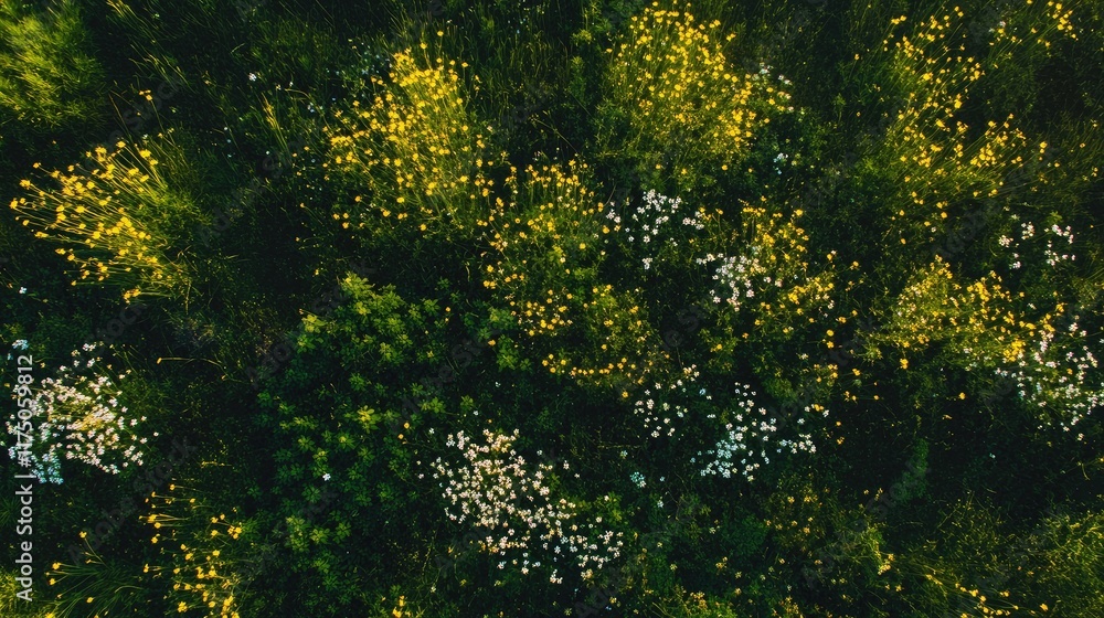 Poster aerial view of vibrant wildflower field at sunrise offering spacious copy area for creative text pla