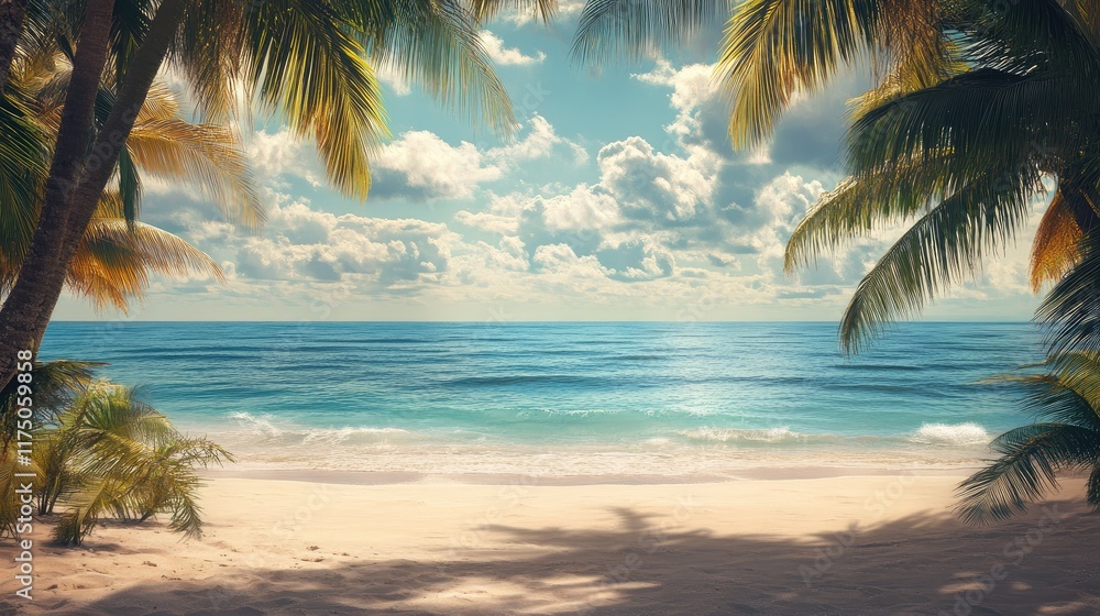 Poster tranquil tropical beach scene with palm trees and serene ocean waves under a clear blue sky and fluf