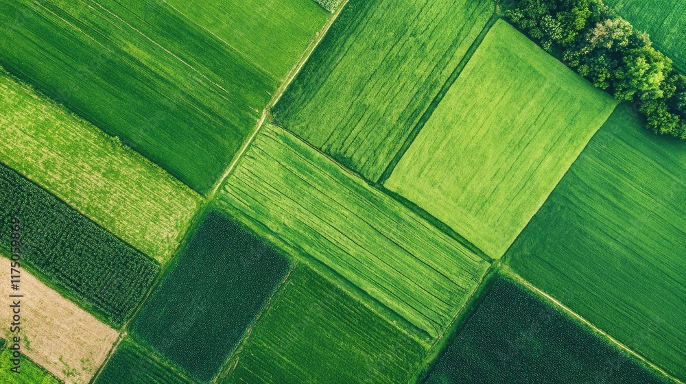 Poster Aerial View of Lush Green Agricultural Fields with Geometric Patterns and Clear Space for Text or Branding Usage