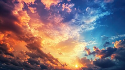 Naklejka premium Vibrant sunset sky with dramatic clouds blending orange blue and purple hues creating a breathtaking natural landscape at twilight
