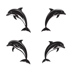 Set of four stylized dolphin illustrations in black and white, perfect for marine-themed designs, tattoos, logos, and educational materials, showcasing playful dolphin poses
