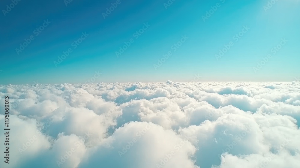 Poster Aerial view of bright blue sky with soft fluffy clouds creating an inviting backdrop for text or creative design elements