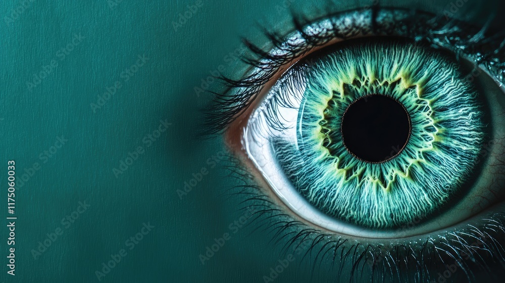 Aufkleber Aerial view of a vibrant green human eye with intricate details and space for text placement in a visually striking close-up composition