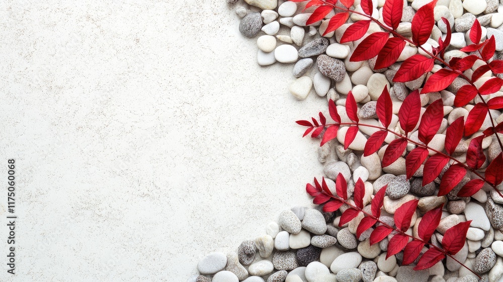 Poster Red Fern Leaves and Pebbles on White Background in a Vertical Layout with Ample Copy Space for Nature-Themed Designs and Text.