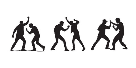 Silhouettes of people in different fighting stances, engaging in physical altercations, self-defense, or combat scenarios