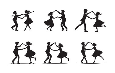 Set of dancing couple silhouettes in various joyful poses, man and woman swing dancing, vintage style dance moves on white background, perfect for retro, artistic, and dance-themed designs