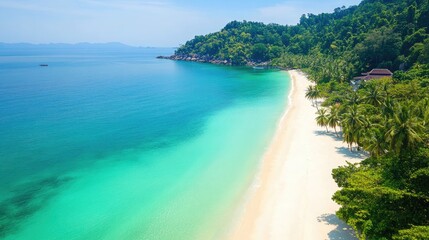 Aerial view of serene tropical beach featuring white sand turquoise water surrounded by lush palm trees and vibrant greenery