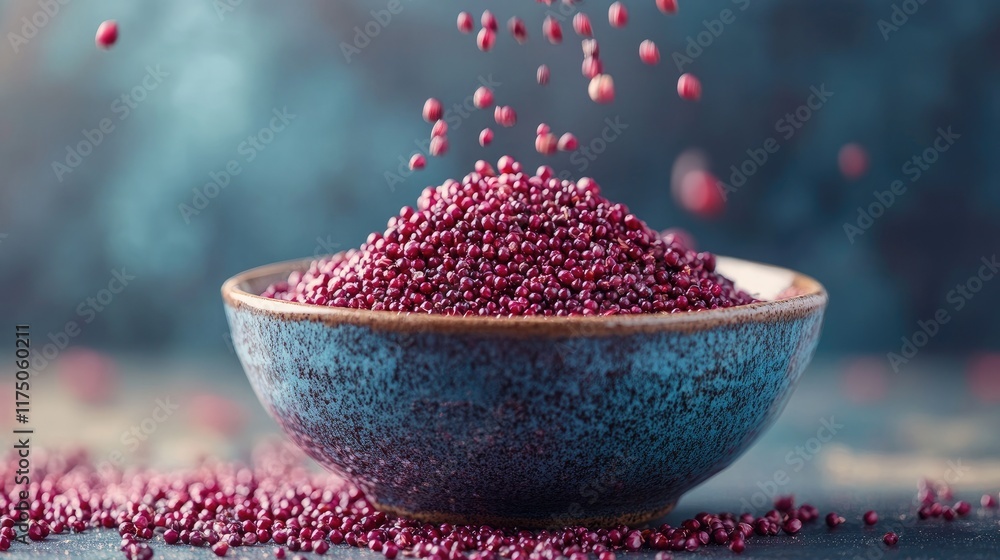 Poster amaranth seeds cascading into a textured ceramic bowl with a soft focus background capturing vibrant