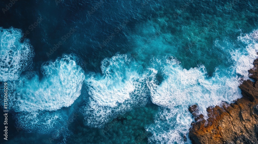 Poster aerial shot of waves breaking on coral reef with clear space for text integration and coastal landsc