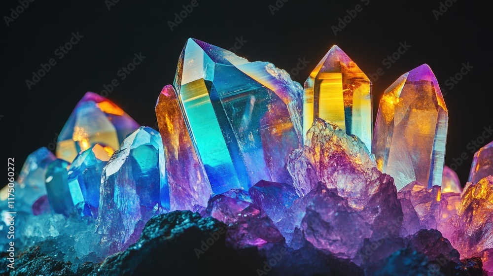 Poster vibrant macro close-up of a colorful quartz crystal cluster showcasing rainbow hues against a dark b