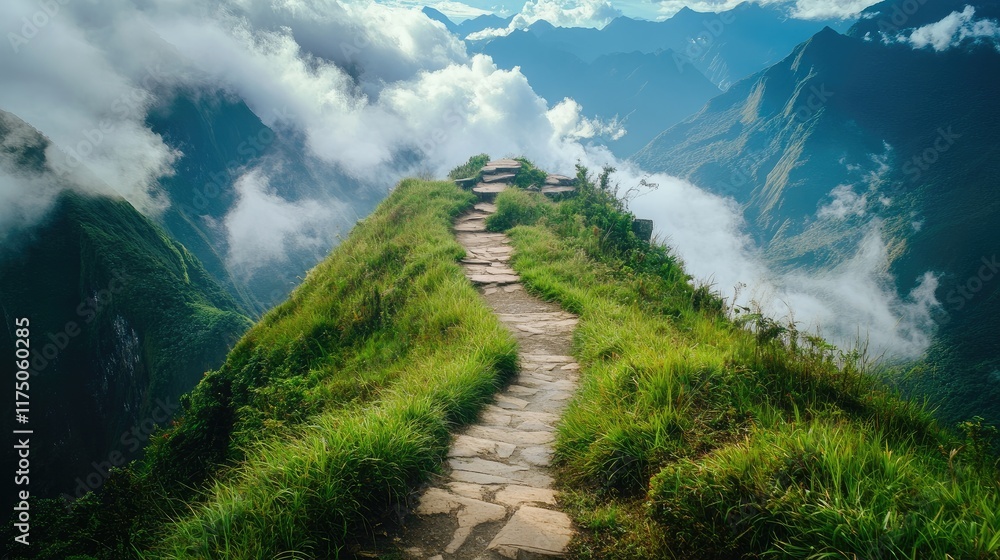 Aufkleber scenic mountain trekking path surrounded by lush greenery and clouds under a vibrant sky in a breath