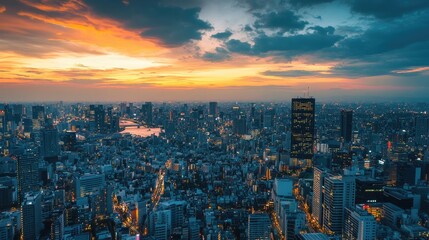 Aerial view of a vibrant urban landscape at twilight highlighting city life with clear space for text placement or advertising use
