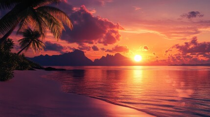 Stunning tropical island sunset reflecting vibrant colors over calm waters with palm trees and silhouetted mountains in the background.