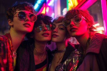 Four stylish friends pose together in vibrant neon lighting. Their unique sunglasses add flair to the atmosphere. This captures a lively moment filled with energy. Generative AI