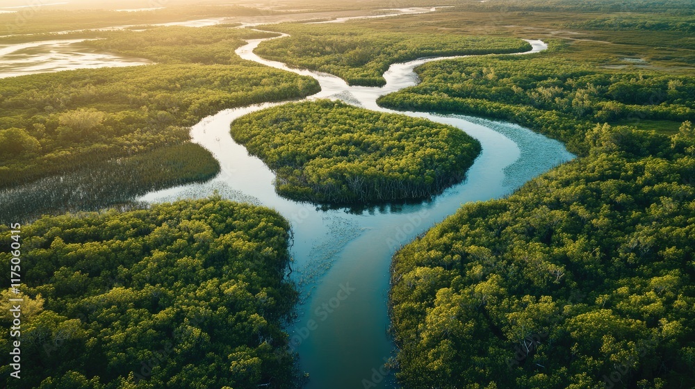 Poster aerial perspective of lush wetlands featuring intricate mangrove waterways and ample space for text 
