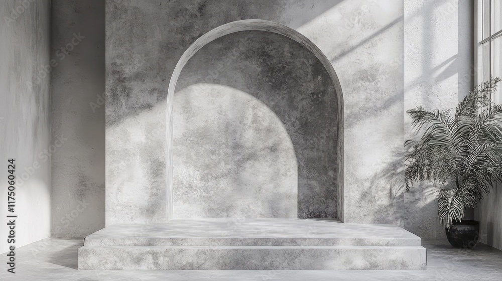 Poster modern minimalist interior mockup with arched niche and textured concrete backdrop for artistic stud