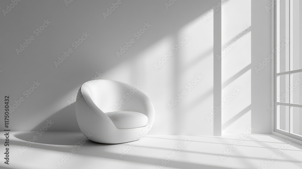 Aufkleber minimalist white chair in a spacious, well-lit room with empty walls and soft shadows creating a ser