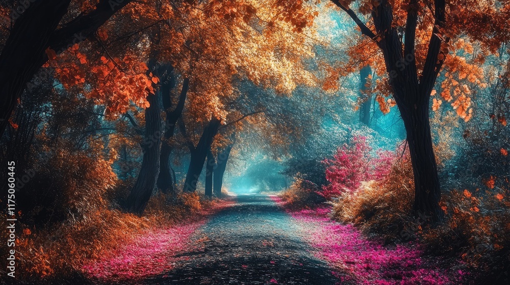 Aufkleber enchanting autumn forest path with vibrant foliage and colorful leaves creating a serene landscape f