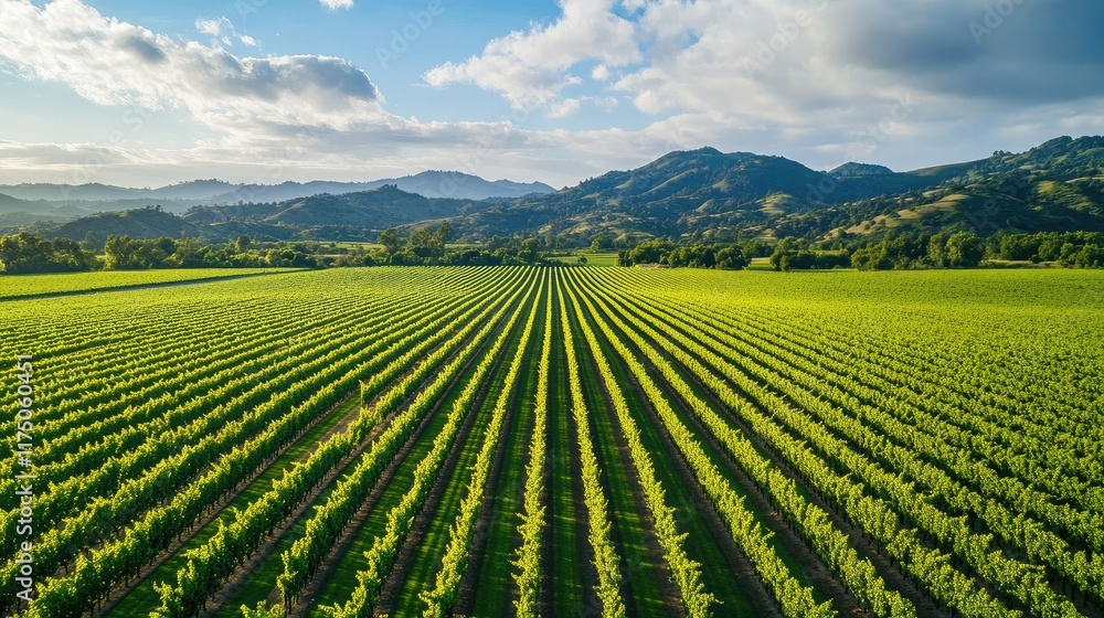 Aufkleber Aerial View of Expansive Vineyard Rows Against a Scenic Mountainous Background with Open Sky for Text Integration