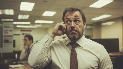 Male manager visibly frustrated, standing near a glass wall in an office, while a subordinate nervously adjusts his tie.